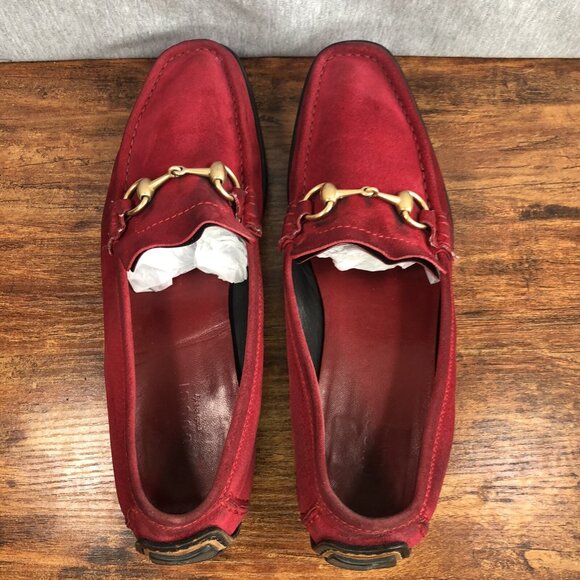 Gucci Women's SZ 10.5 B Red Wine Suede Slip On Driving Loafers Horsebit  Shoes - Picture 4 of 11